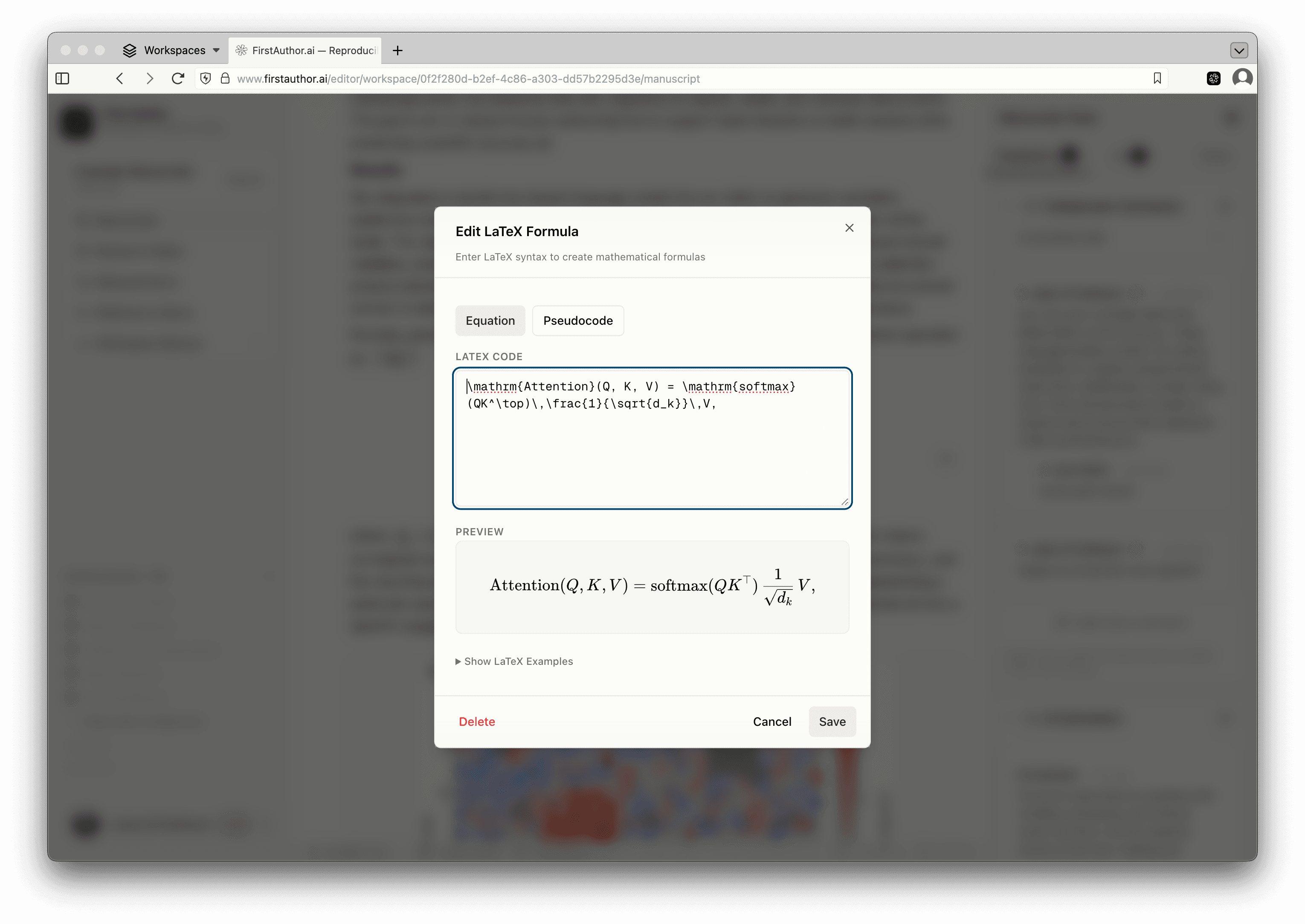 Supports LaTeX equations and pseudocode